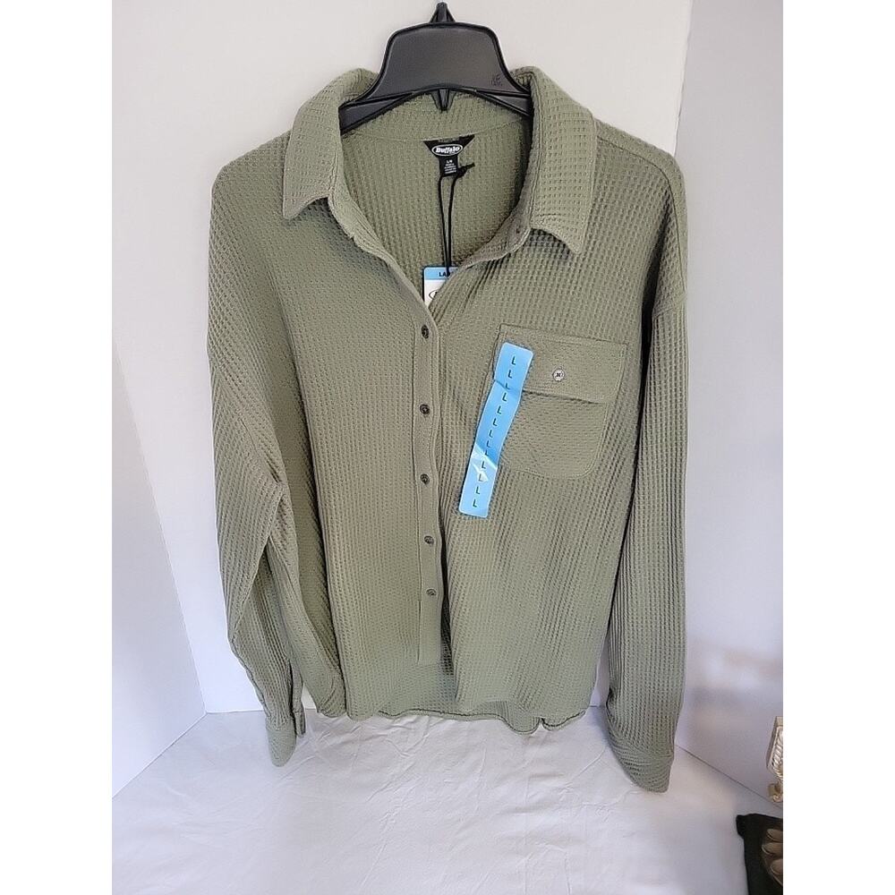 NWTBuffalo Women's Large, Long Sleeve Collared Button Up Waffle Knit Relaxed Top